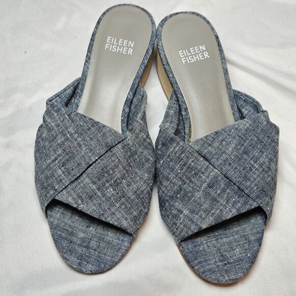 Eileen Fisher Ruche Slide Mule Blue Denim Block Heel Sandal Women's Size 5.5 - Picture 3 of 6